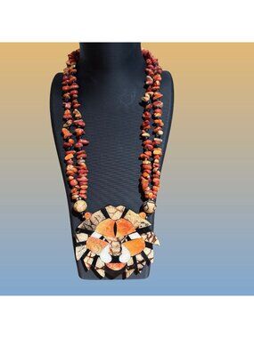 Lee Sands Coral Onyx Lion Face Mosaic Torsade Statement Necklace Vintage Gift